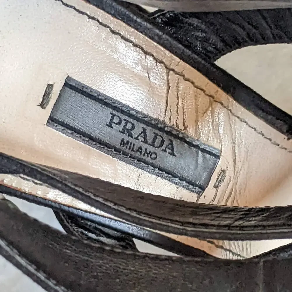 Prada Suede Gladiator Block Heel Sandals in Black, Size 9